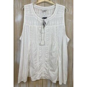 NWT Lucky Brand Womens Size 3X Boho Tassle Sleeveless White Embroidered Lace Top
